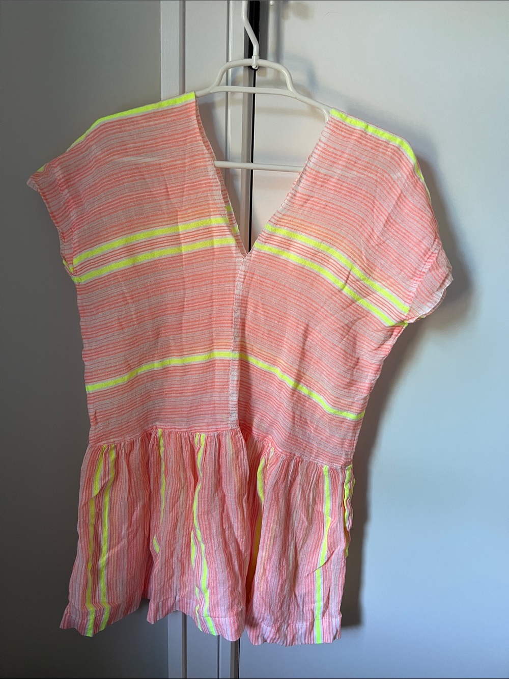 Lemlem Coral Pink Tunic with Neon Yellow Stripes